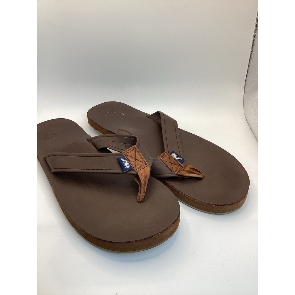 Men's 11 Vineyard Vines pop stripe leather flip flops sandals in Mudslide brown